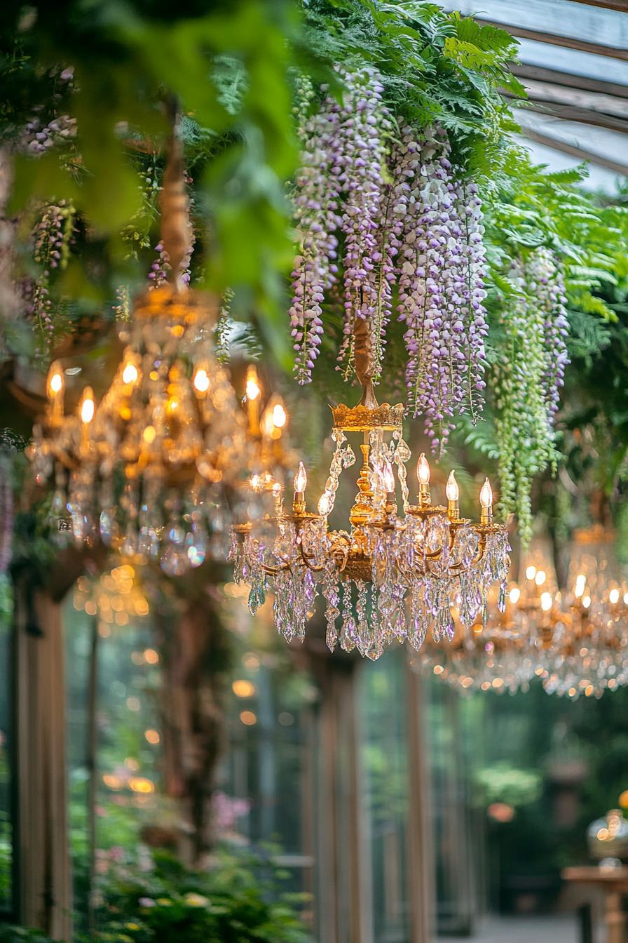 Elegant chandeliers with cascading wisteria flowers