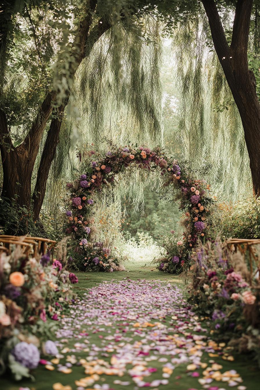 Floral archway under willow trees with a petal-covered aisle