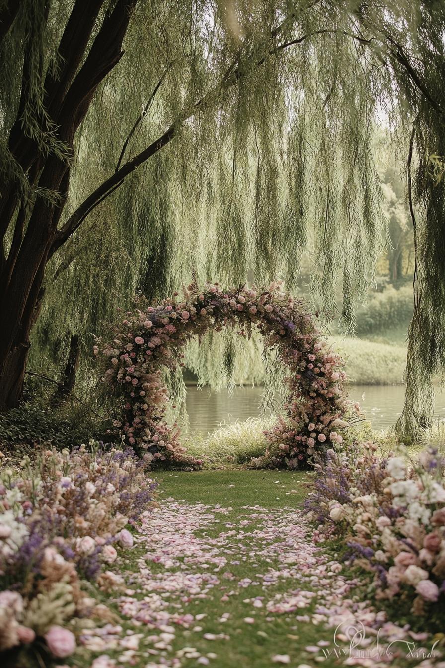 Floral archway by a tranquil pond under lush trees