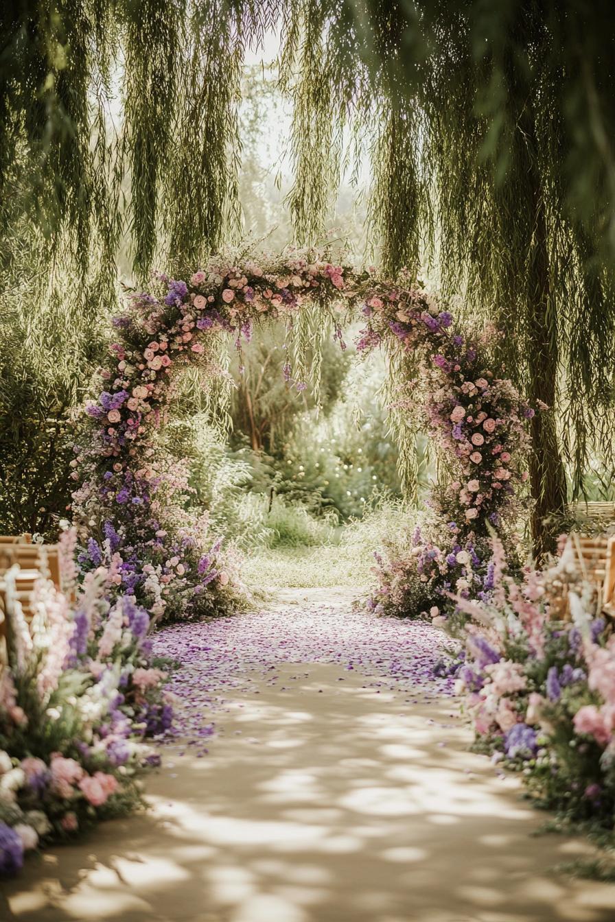 Floral archway with pink and purple petals