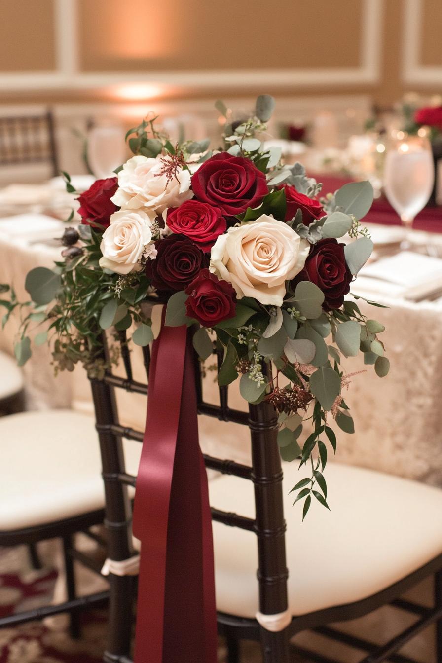 Elegant chair adorned with red and ivory roses