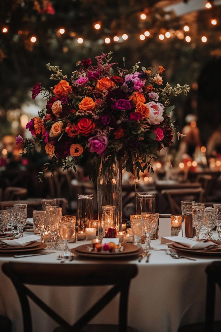 Elegant table setting with colorful floral centerpiece