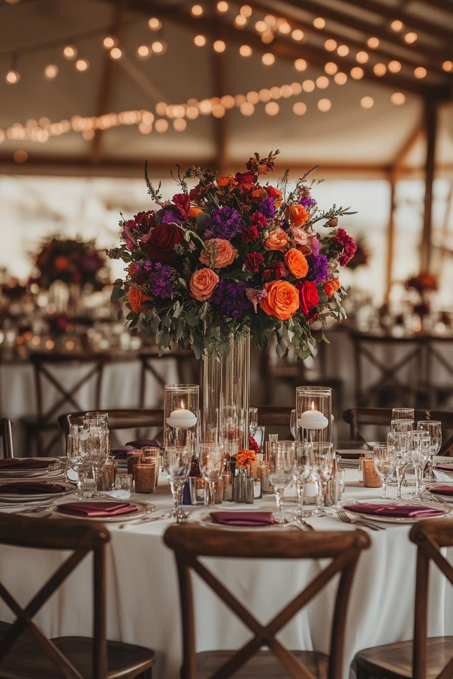 Elegant centerpiece with candles and vibrant flowers on a wedding table