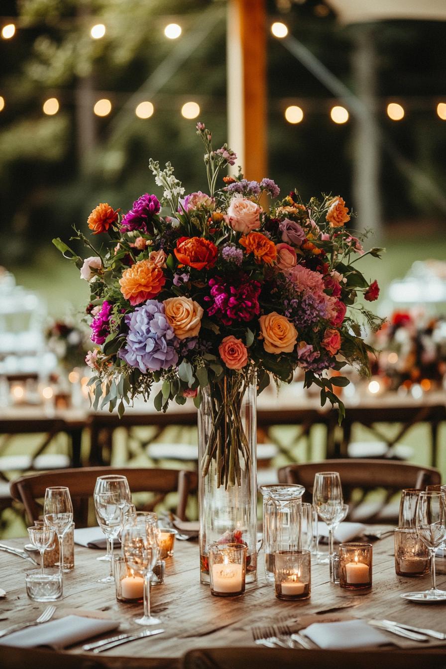 Elegant floral centerpiece with candles on a rustic wedding table