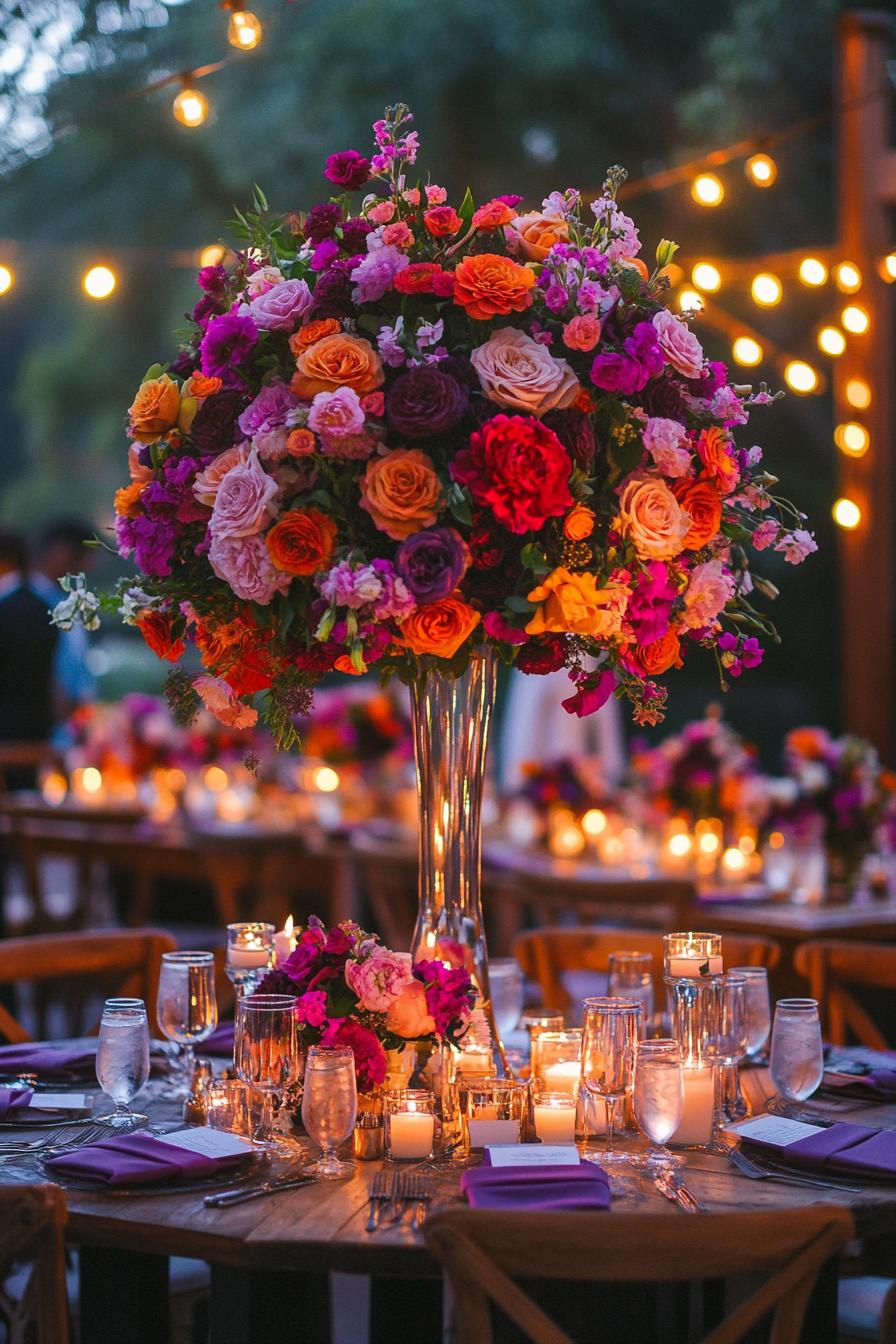 Vibrant floral centerpiece with glowing candles on a wedding table