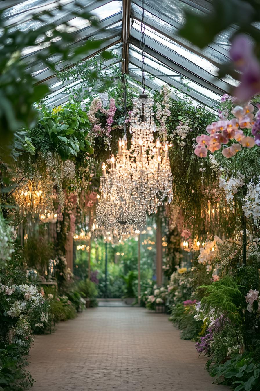 Lush floral archway with chandeliers