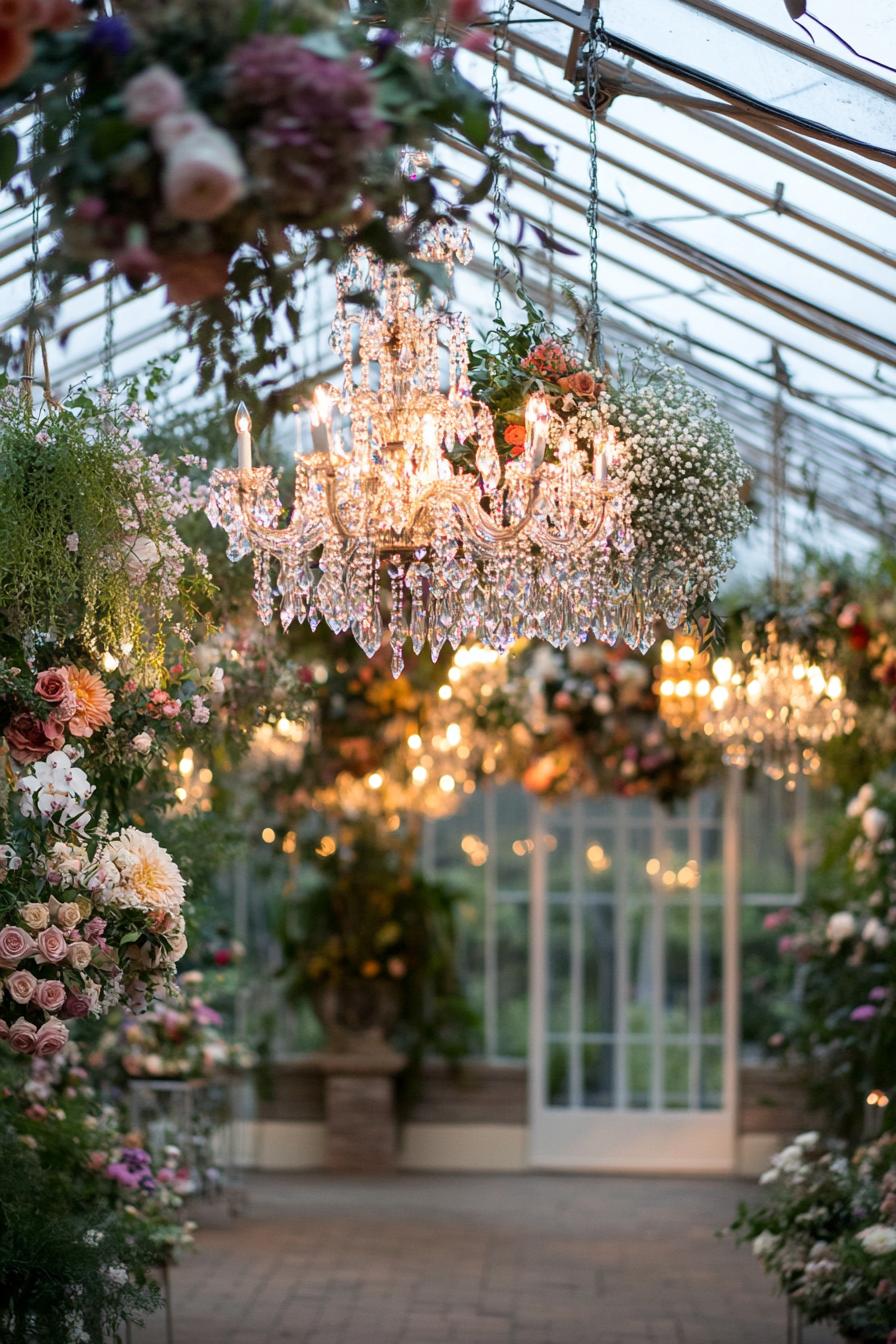 Luxurious floral wedding aisle with chandeliers