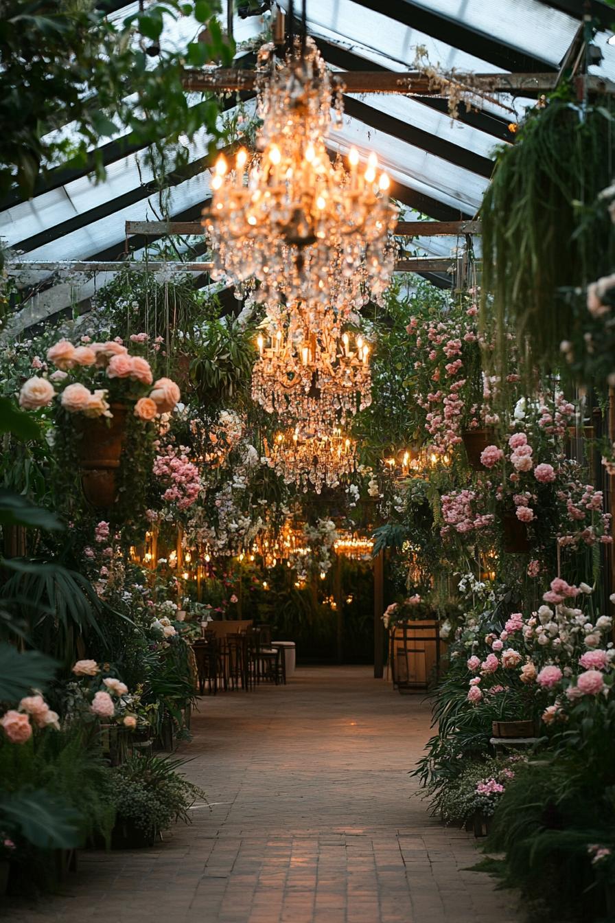 Lush floral pathway with chandeliers