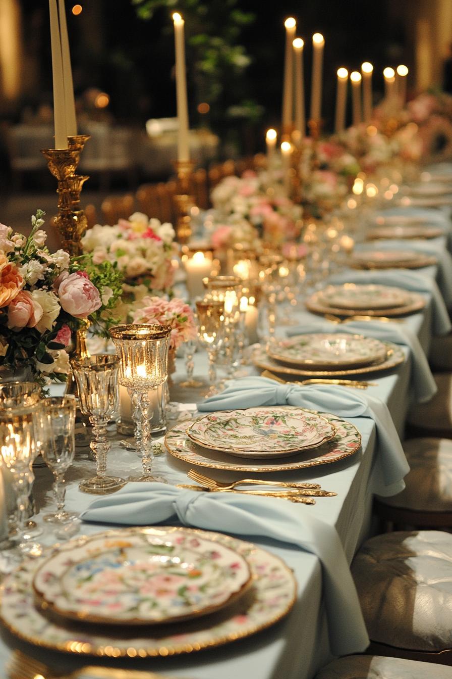 Elegant table setting with floral plates and glowing candles