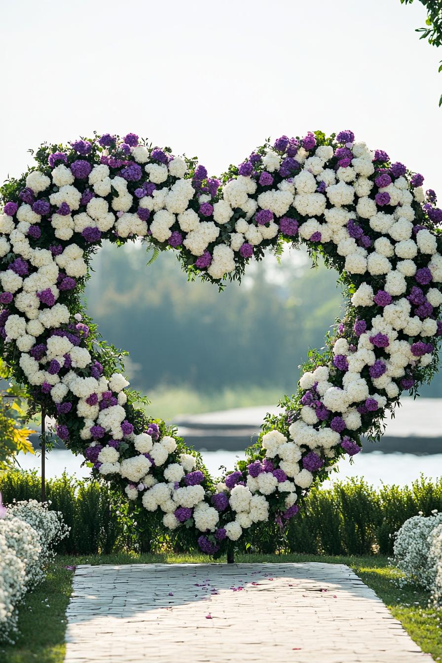 Heart-shaped floral arch made of white and purple flowers