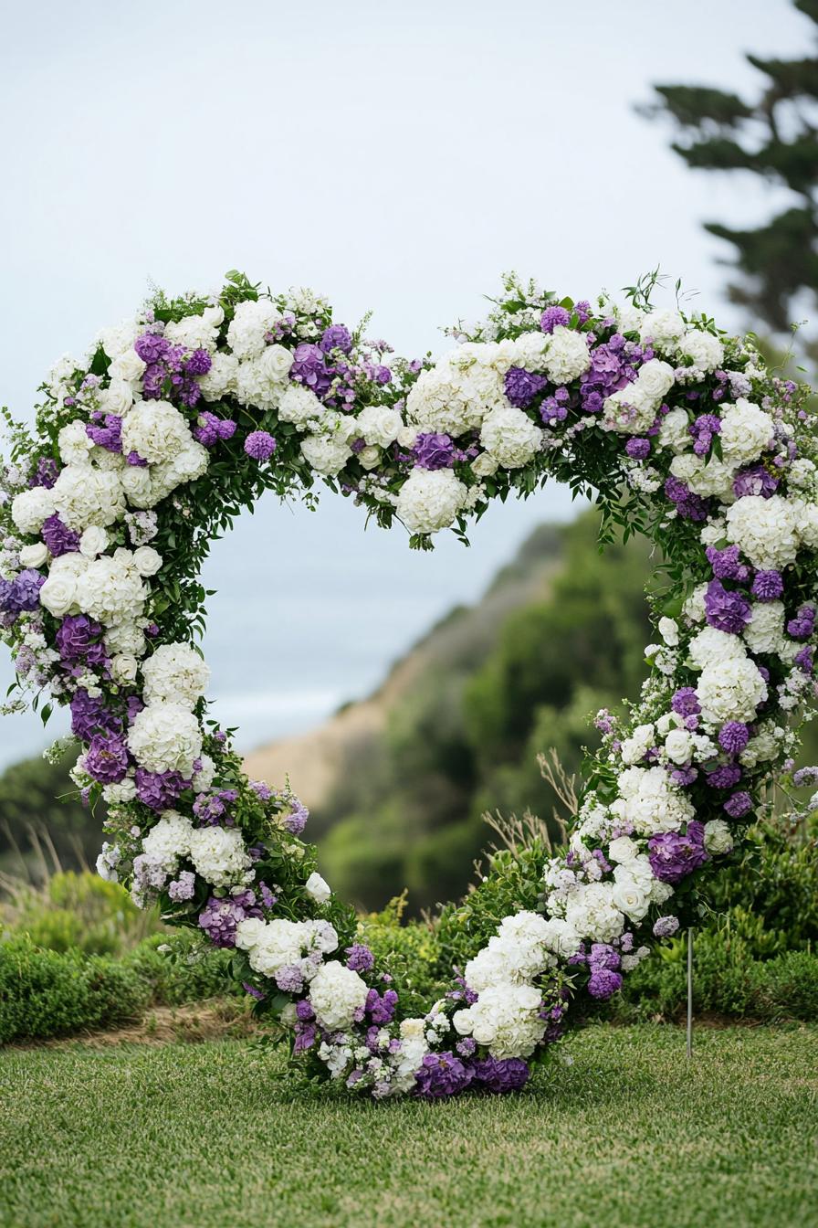 Heart-shaped floral arch with purple and white flowers outdoors