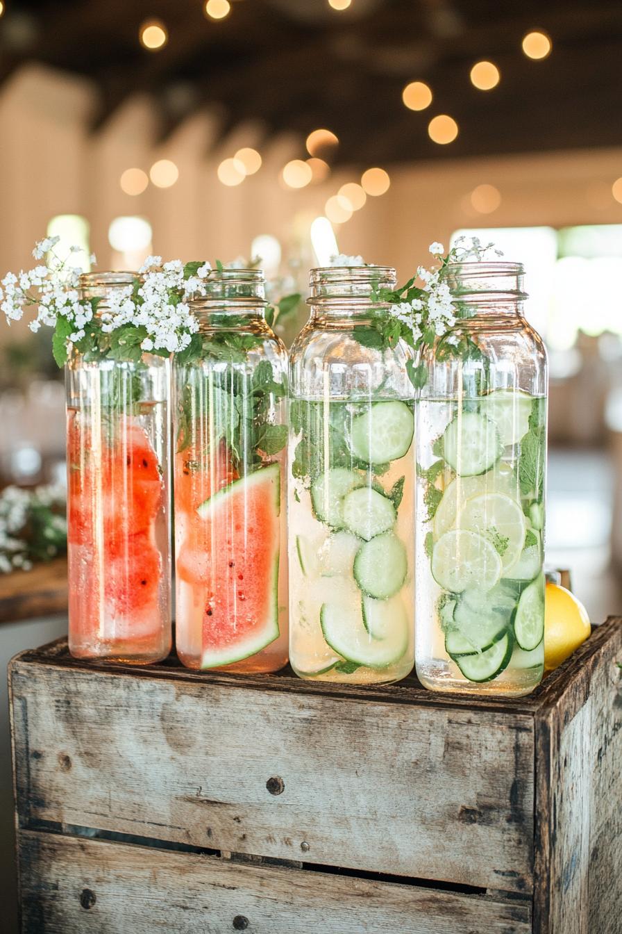 Glass bottles filled with colorful fruit and cucumber water