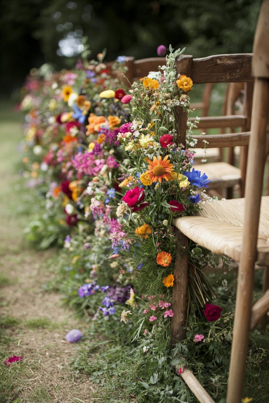 Colorful flowers adorning wooden chairs