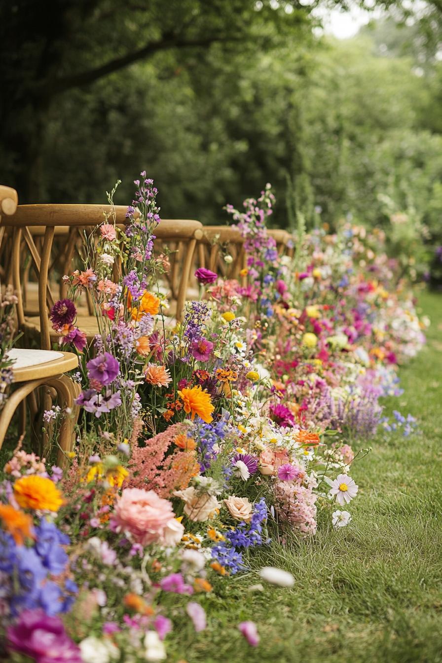 Colorful wildflowers lining a wedding aisle