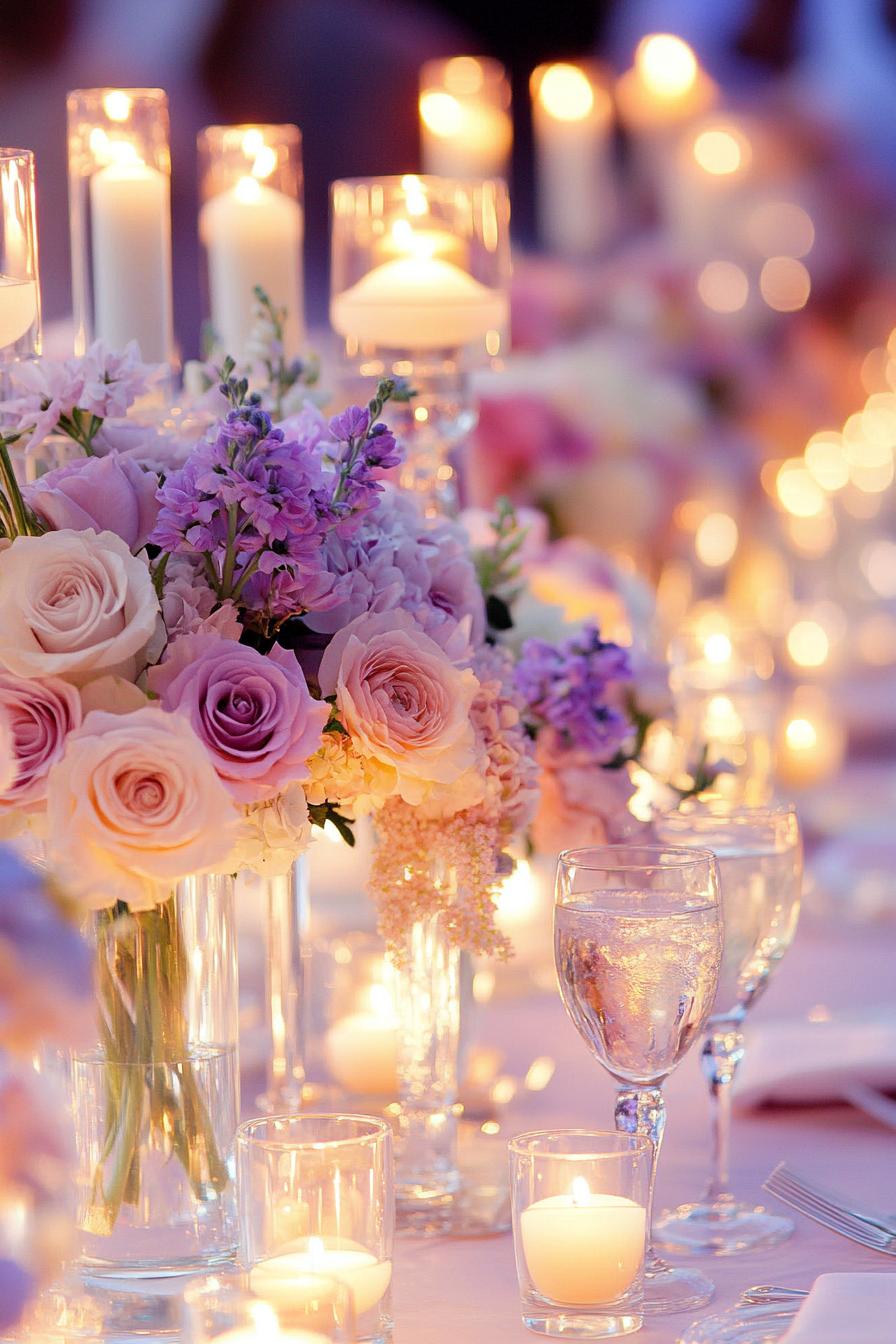 Elegant wedding table setting with lilac flowers and candles