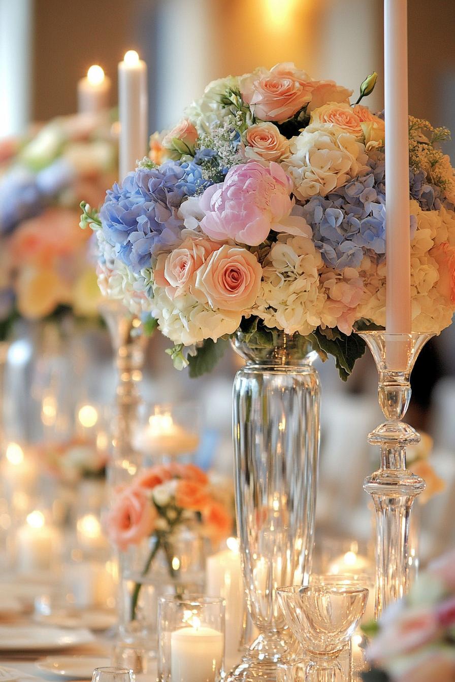 Vibrant floral centerpieces with candles on a dining table