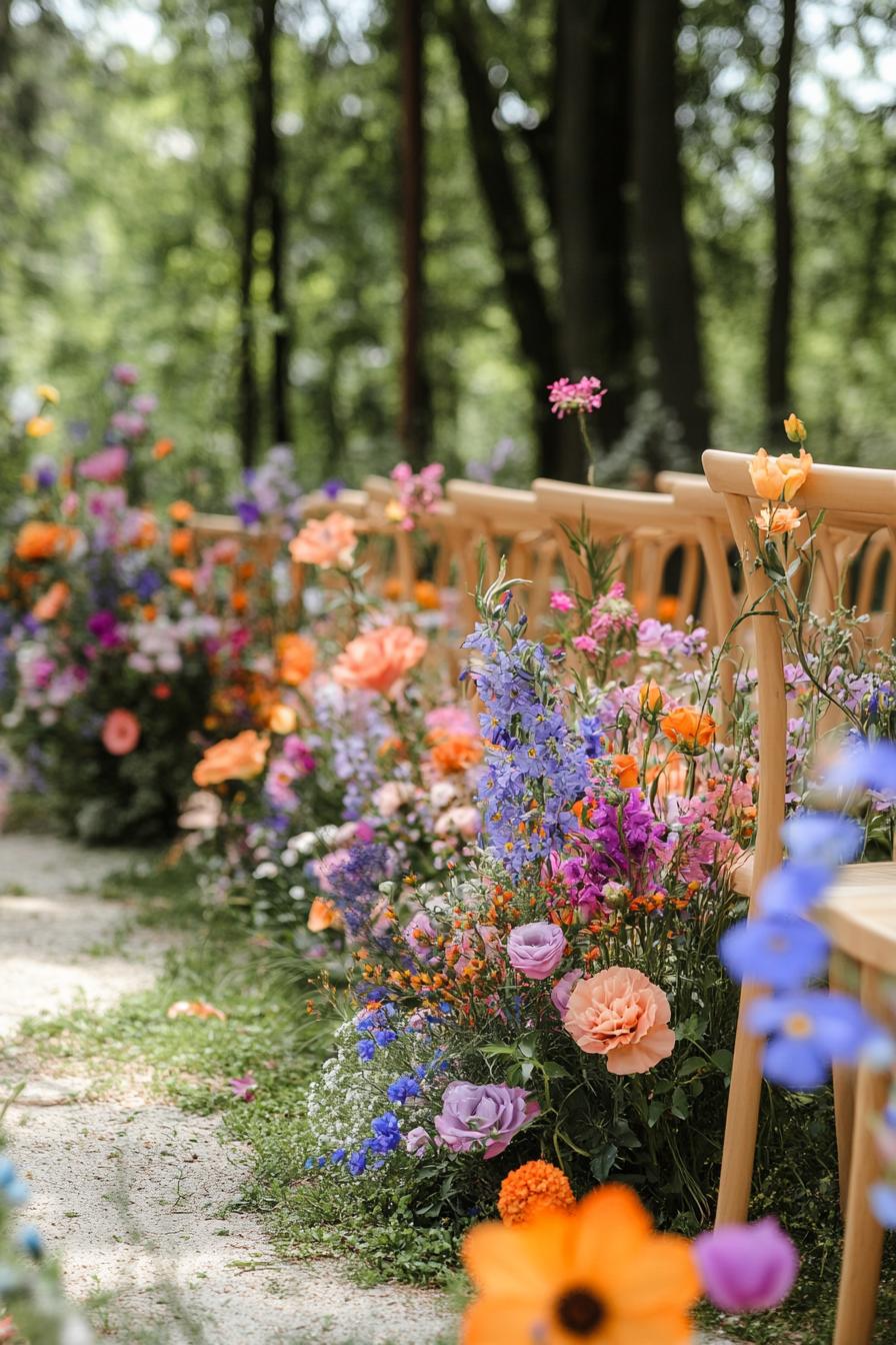 Vibrant spring flowers line a wedding aisle outdoors