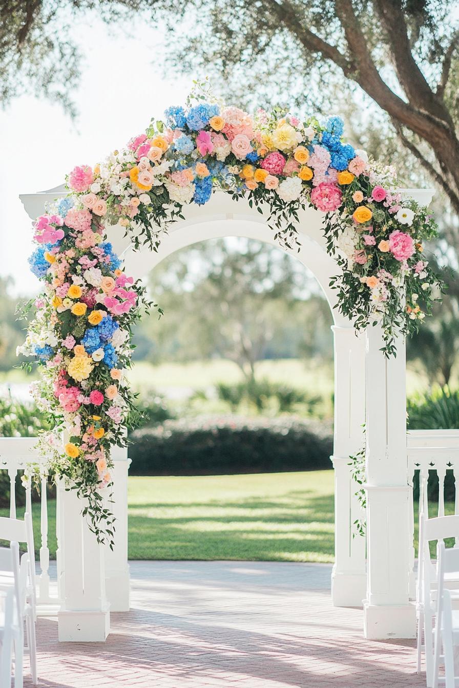 an elegant floral wedding arch adorned with a mix of pastel and bright flowers including pinks yellows and blues perfect as a wedding ceremony 1