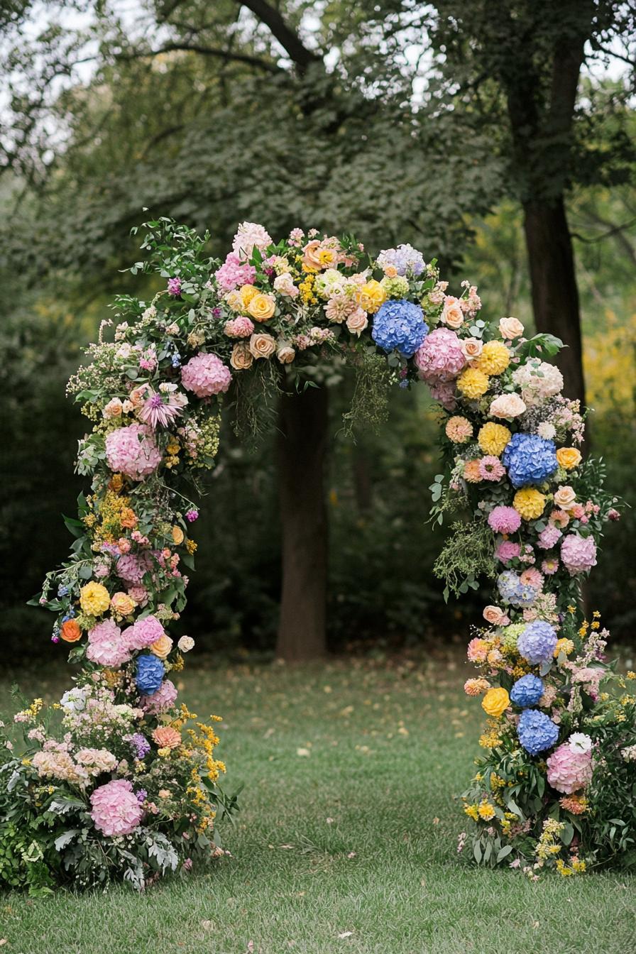 Colorful flower arch in a lush outdoor setting