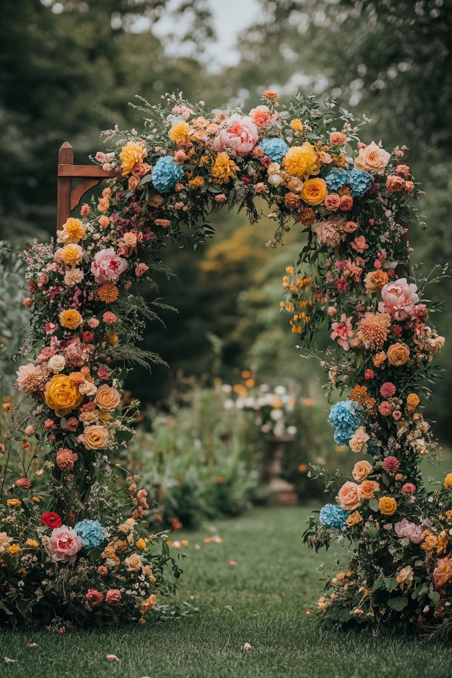 Colorful floral arch in a garden setting