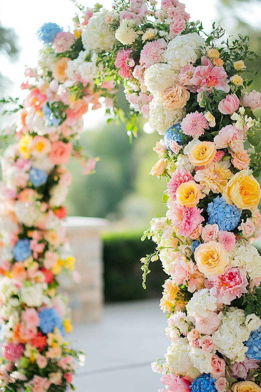 Colorful flower arch with roses and hydrangeas