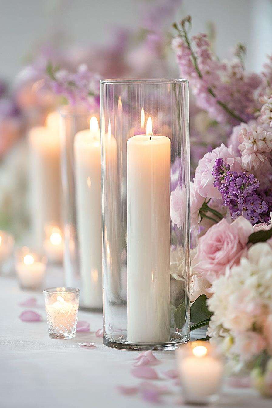 Tall candles with delicate pink and purple flowers