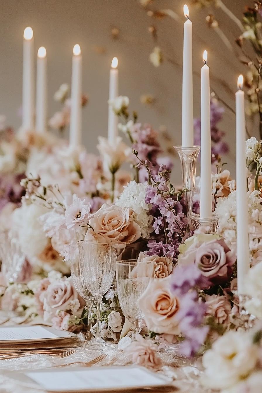 Soft pink and lavender flowers with tall candlelight