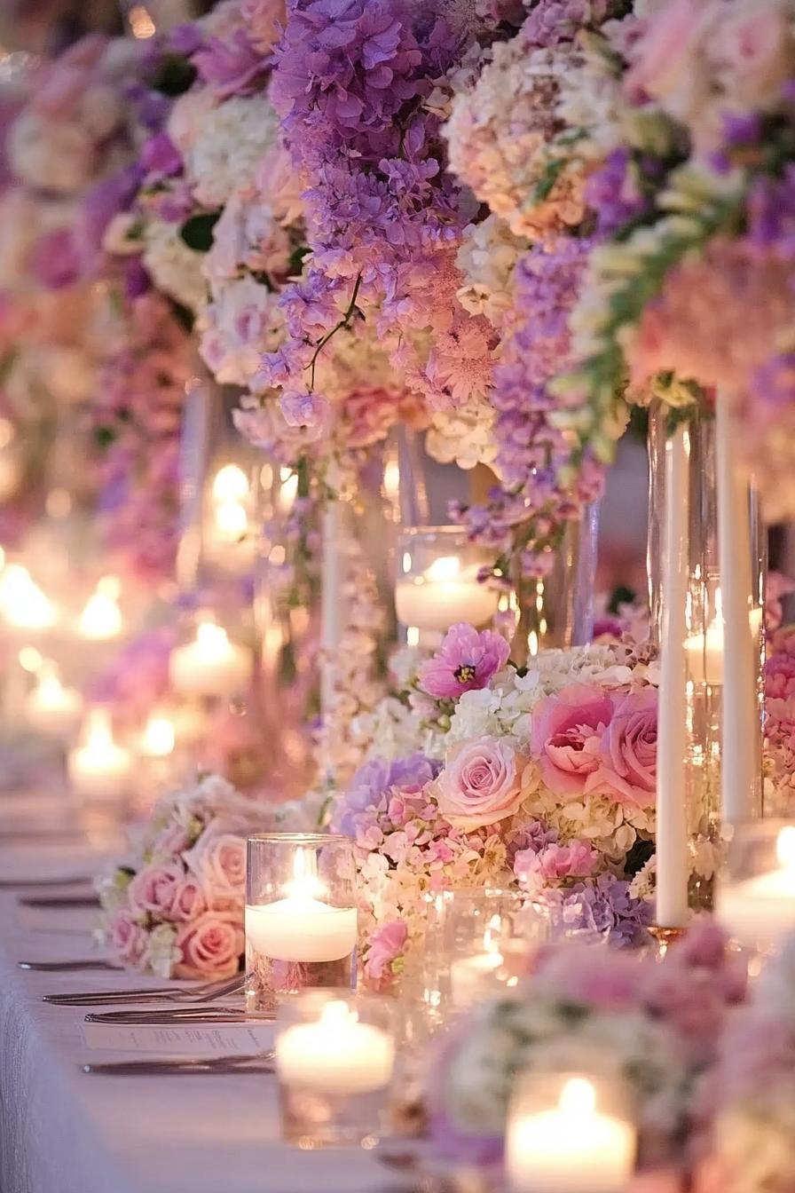 Soft candlelight glows among colorful flowers on a wedding table