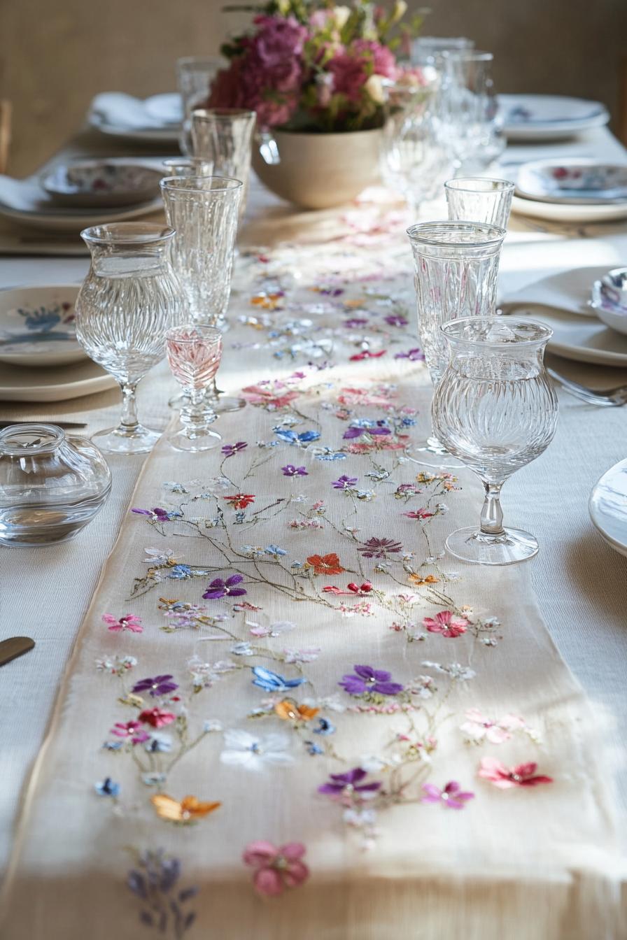 Floral-embroidered table runner with crystal glassware