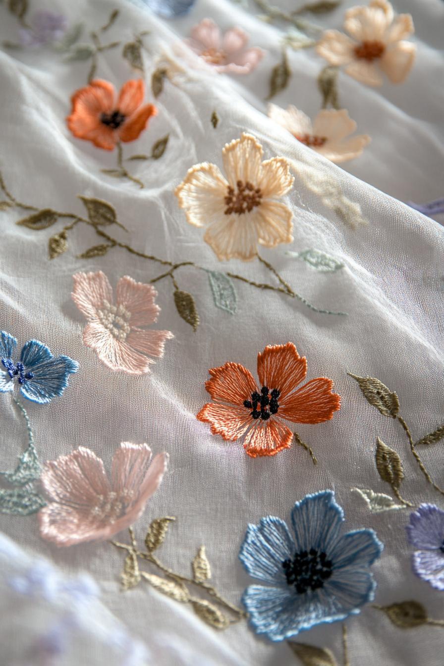 Colorful floral embroidery on white fabric