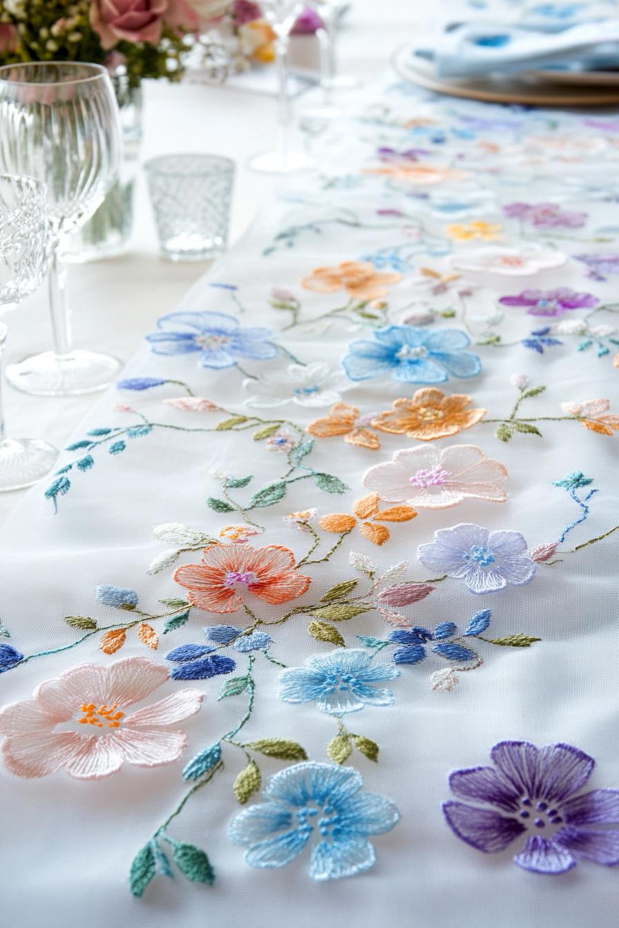 Colorful floral embroidery on tablecloth