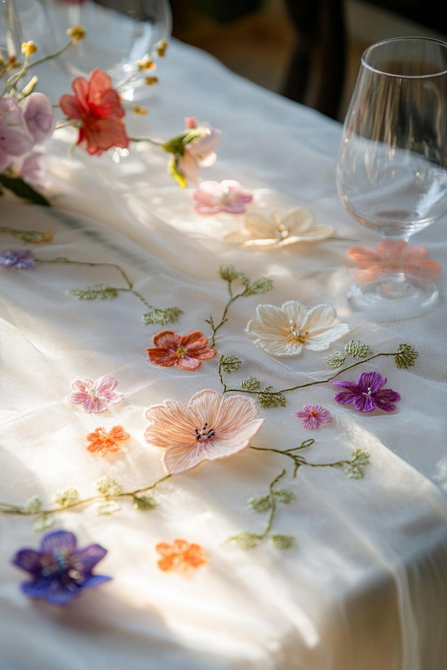 Delicate floral embroidery on a white tablecloth with wine glasses