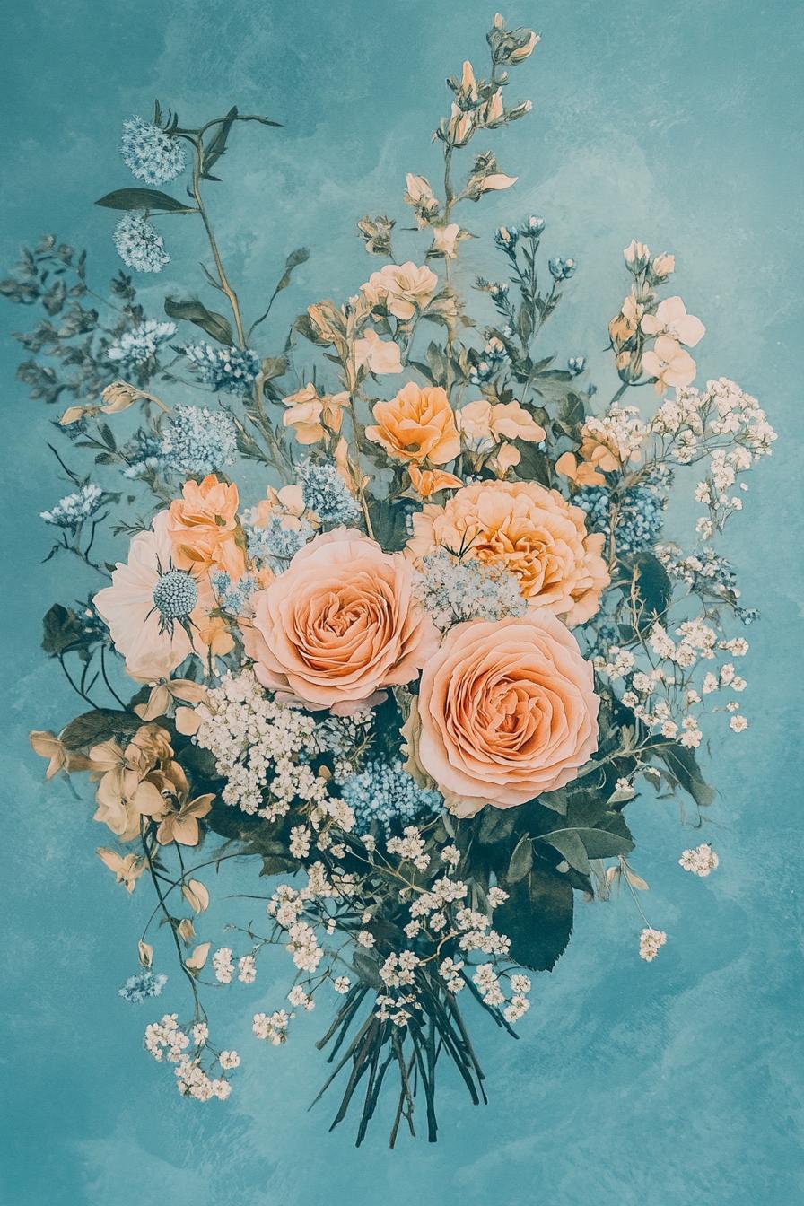 Peach and blue floral bouquet against a turquoise background