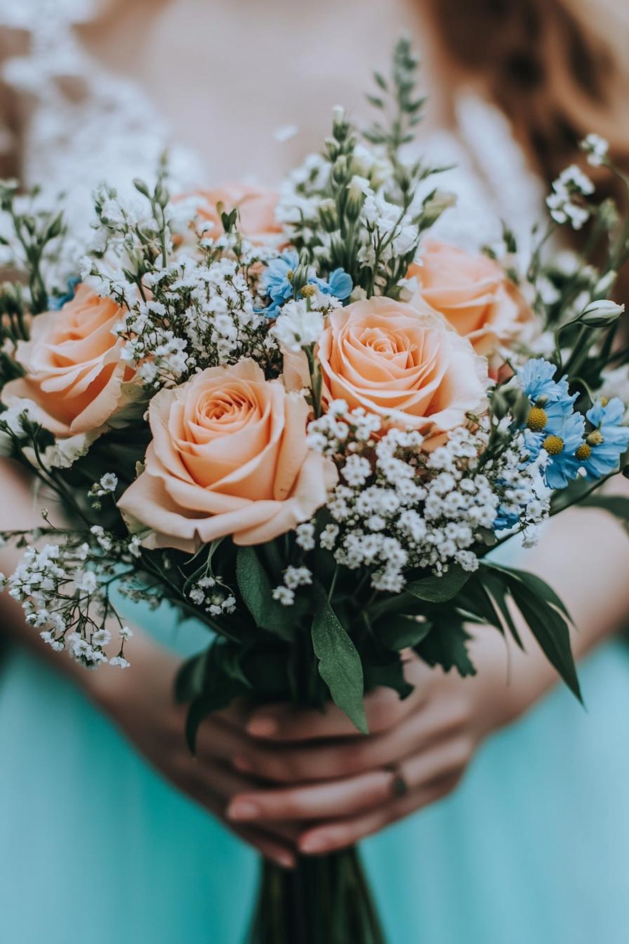 Bouquet of peach roses and wildflowers held by a bride