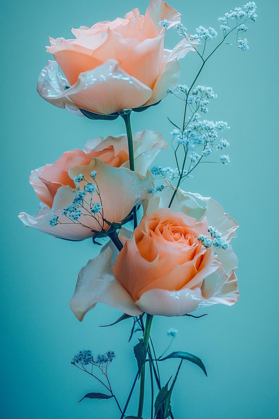 Soft peach roses with baby's breath against a tranquil blue background