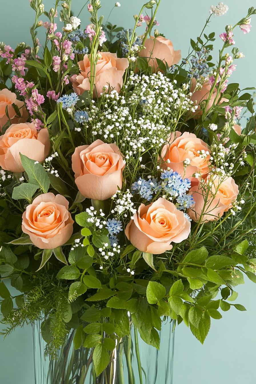 Bouquet of peach roses with baby’s breath and greenery