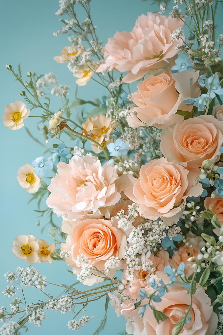 Pastel roses and flowers against a blue backdrop