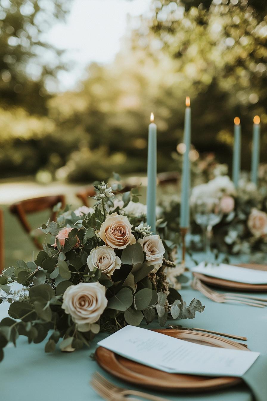 Table adorned with blue candles, pastel roses, and lush greenery