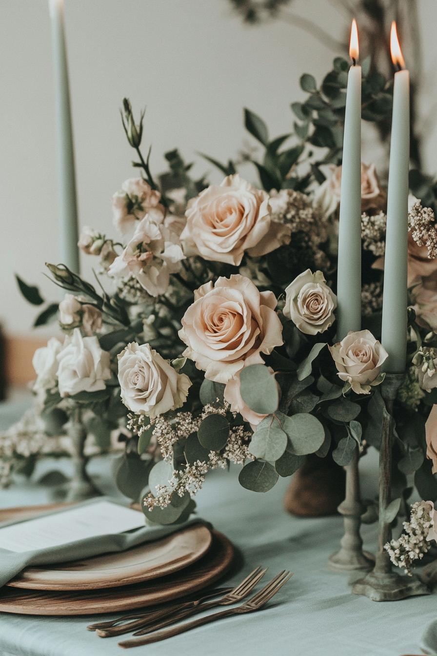 Soft pink roses and candles on a table