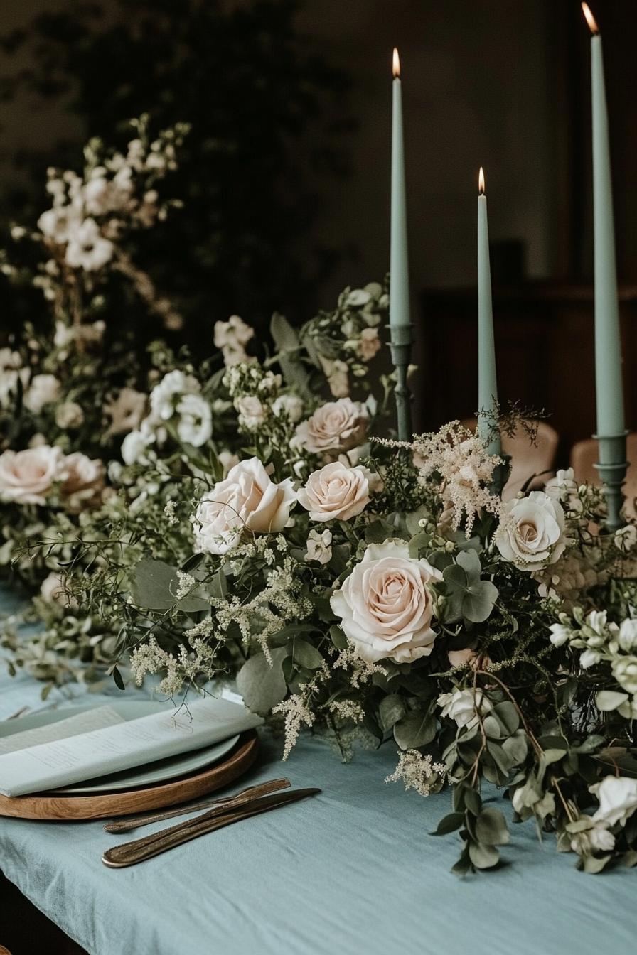 Elegant floral centerpiece with soft pink roses and blue candles