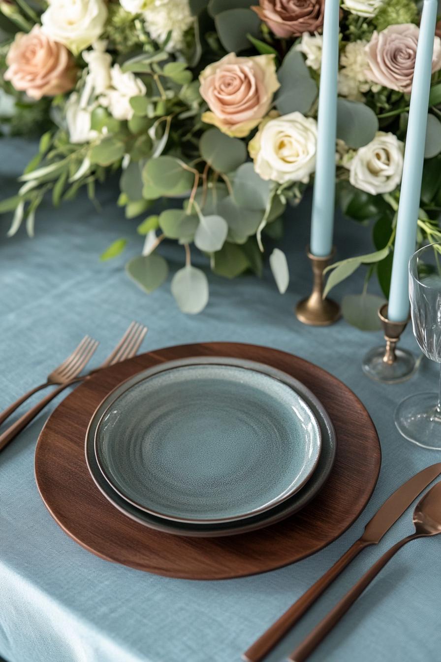 Elegant table setting with blue and brown accents, surrounded by lush floral arrangements