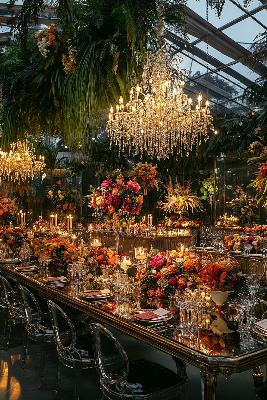 Lush floral arrangements with chandeliers