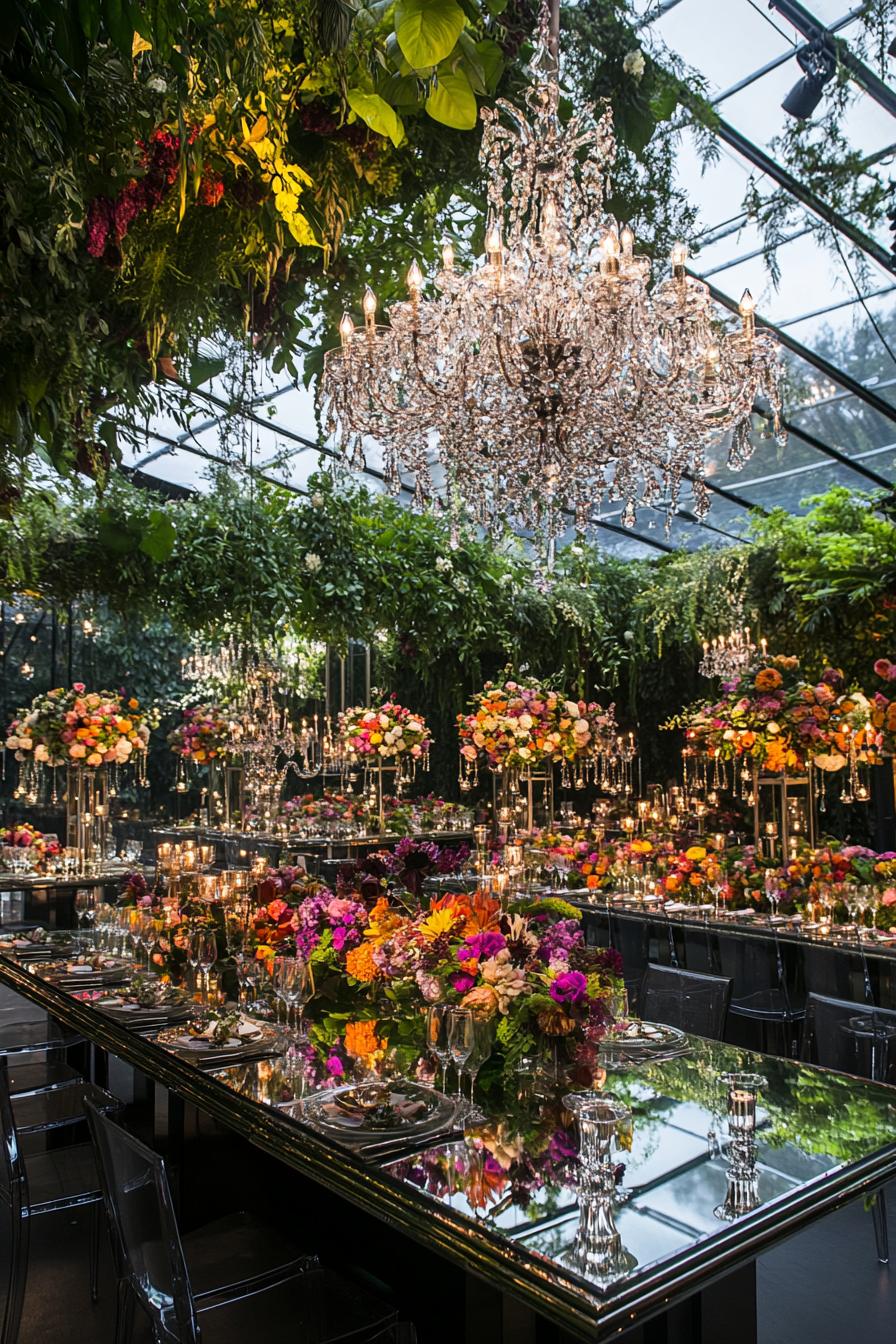 Floral wedding table setting with vibrant bouquets and crystal chandeliers