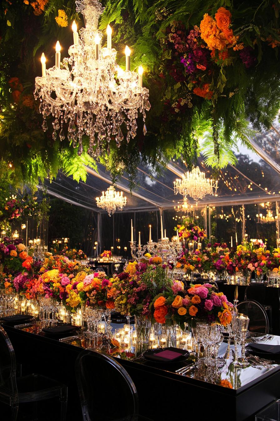 Lavish wedding decor with vibrant flowers and chandeliers