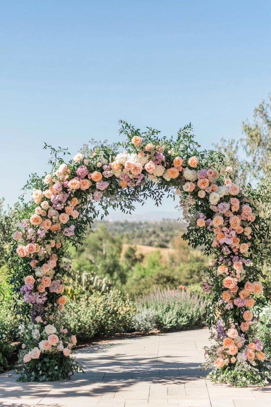 Vibrant floral arch in a garden setting