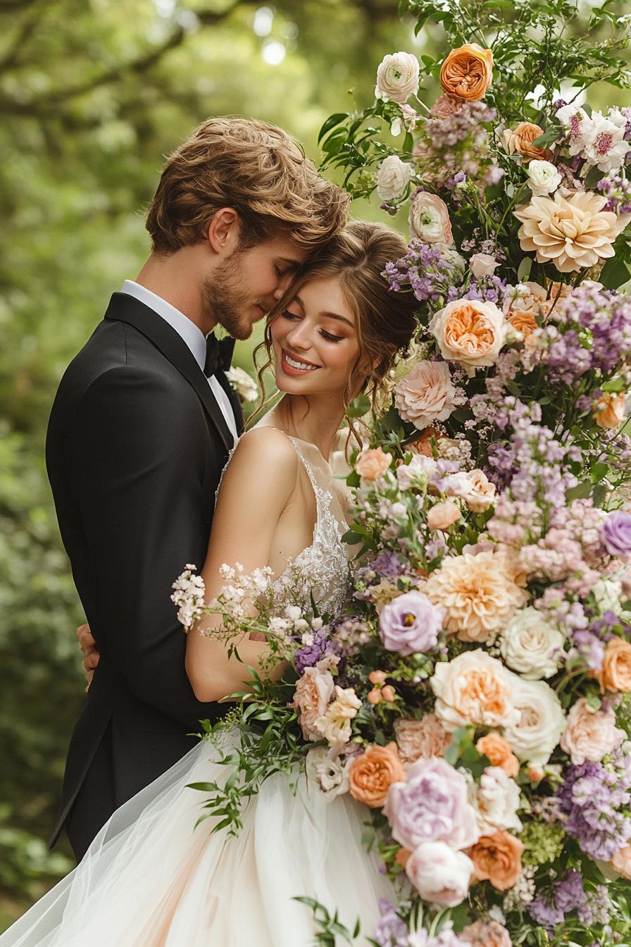 a lush floral arch featuring soft pink peach lavender and cream blooms with greenery creating a romantic garden inspired setting with a backdrop 2