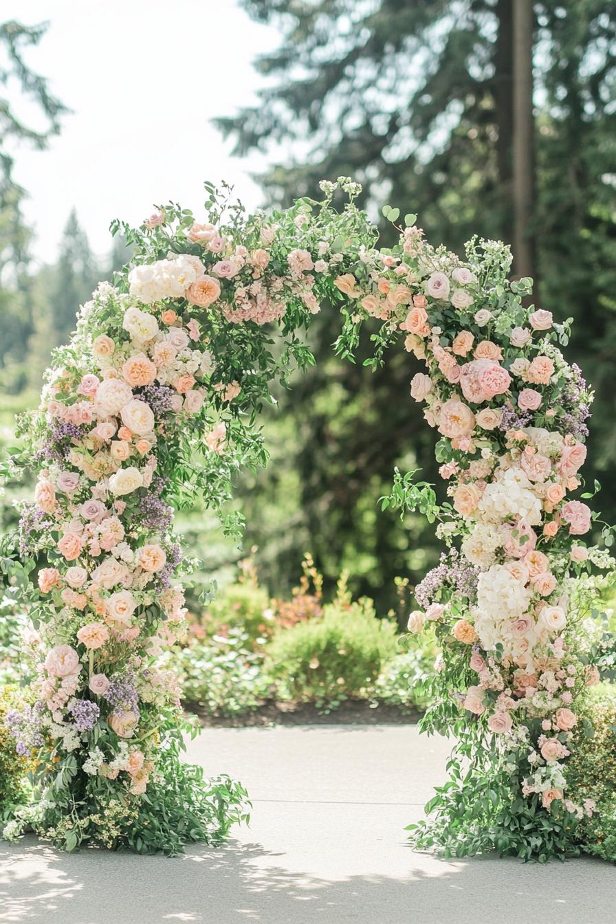 Floral arch decorated with pastel hues and greenery on a sunny day