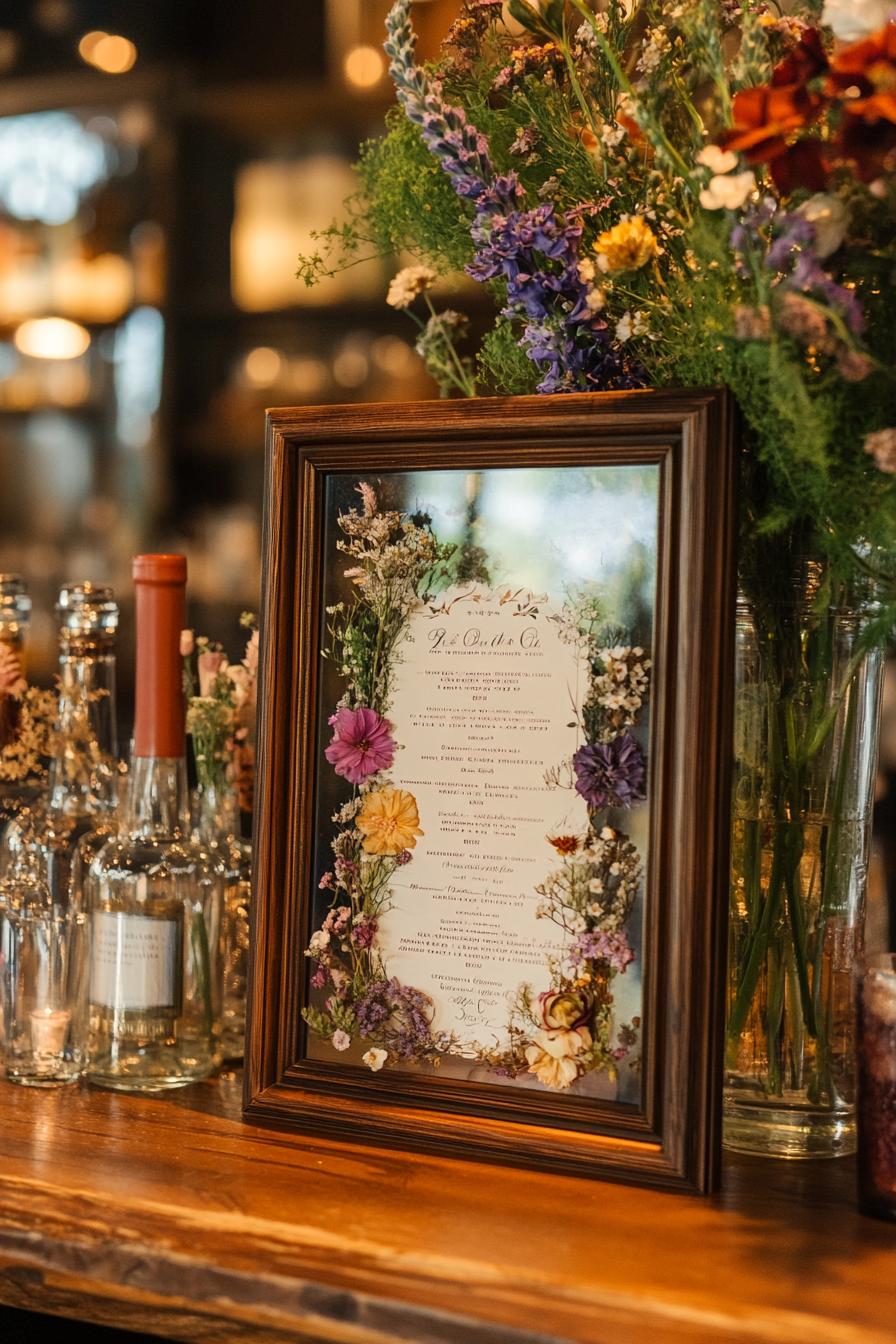 Framed wedding menu surrounded by colorful wildflowers