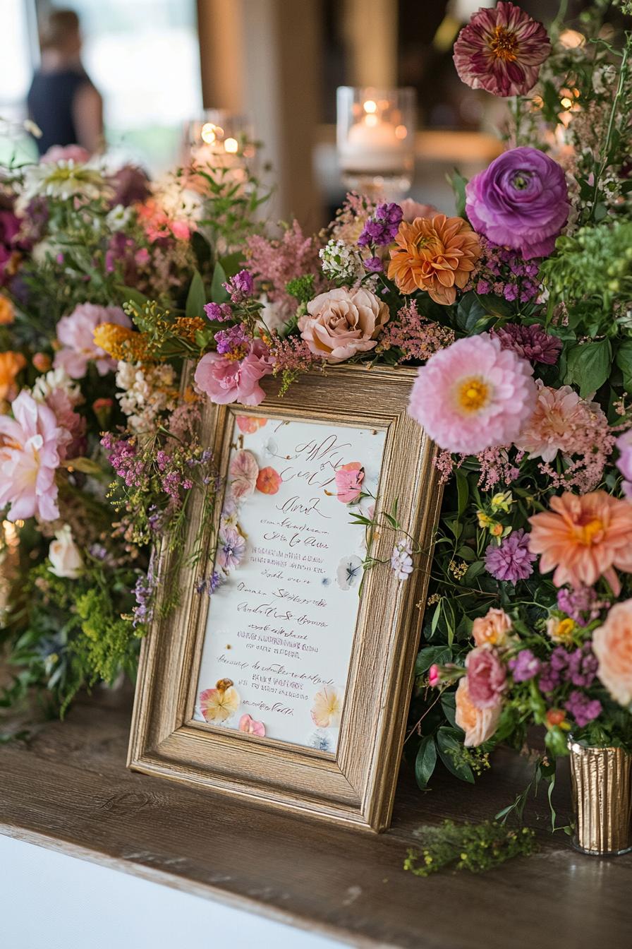 Elegant wedding sign surrounded by vibrant flowers