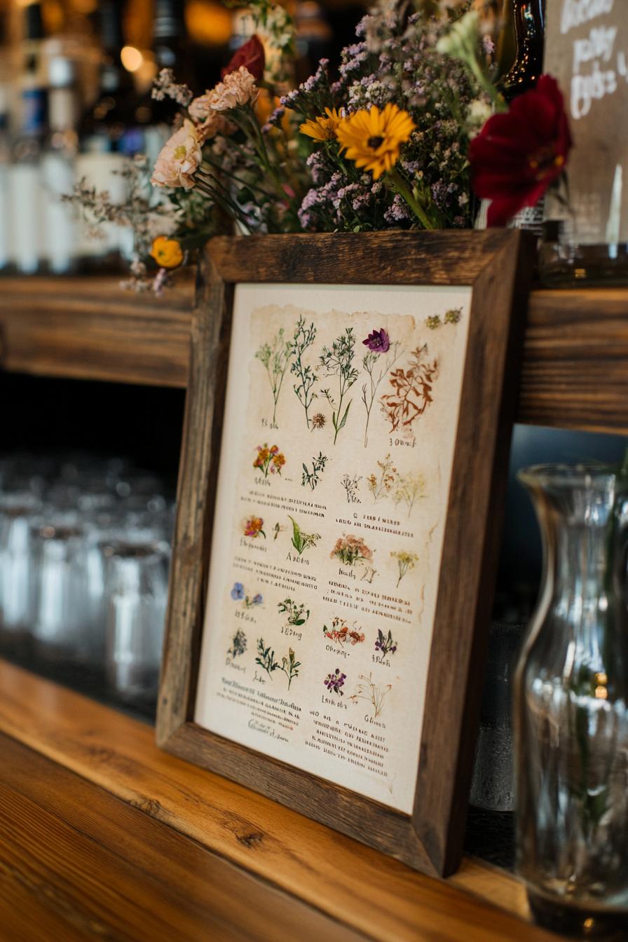 Frame with botanical illustrations and flowers